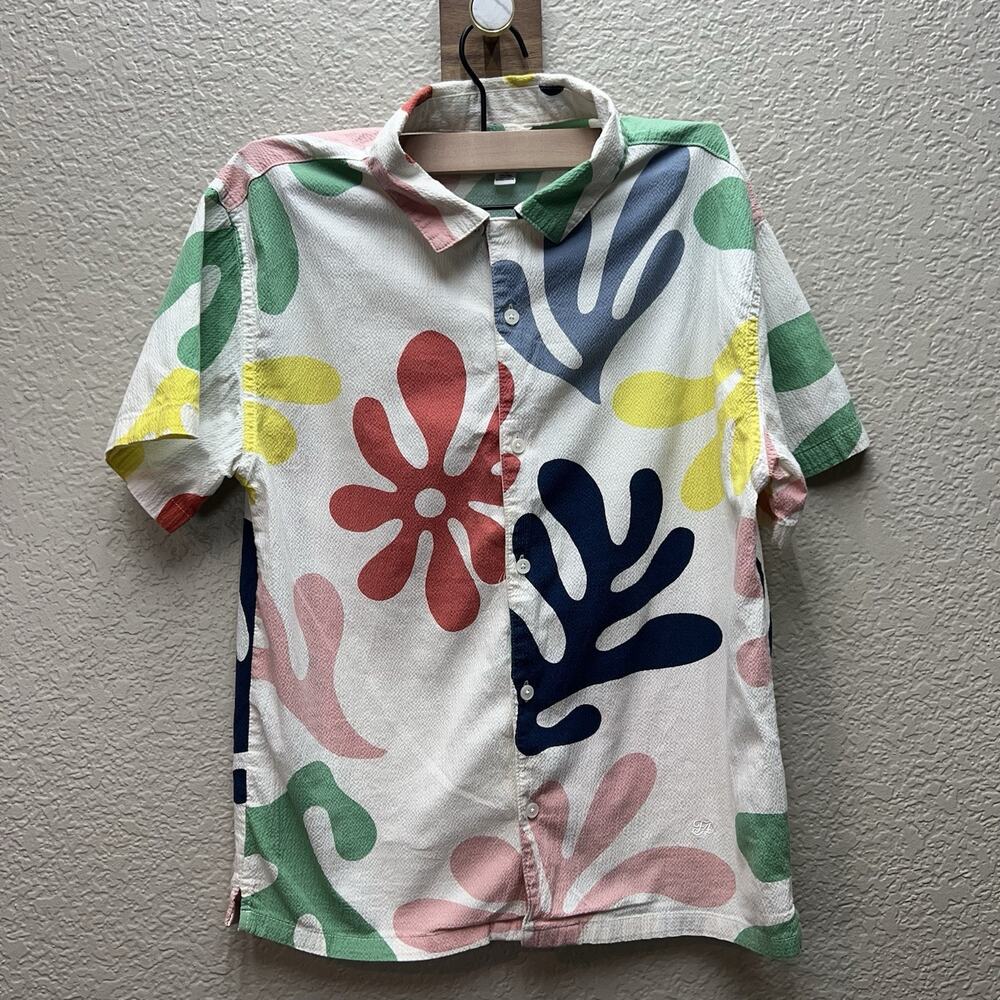 Free Assembly Seersucker Camp Shirt Kids XL 14/16 Floral Paint Splat